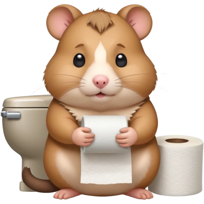Cute chubby cartoon-style hamster sitting on toilet pooping holding toilet paper looking as if he had an accident, sticker-style illustration emoji