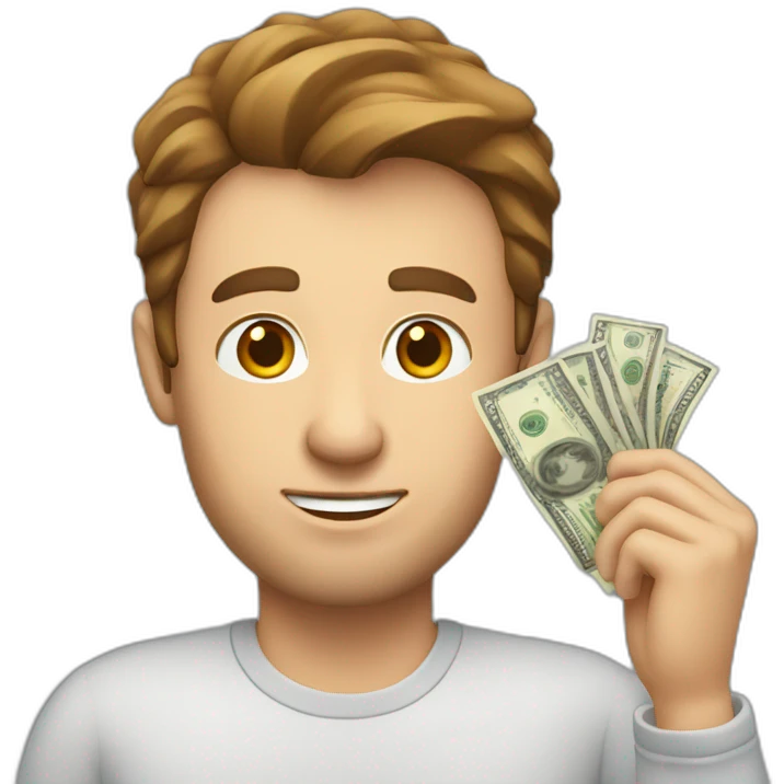 caucasian man with brown hair holding money emoji
