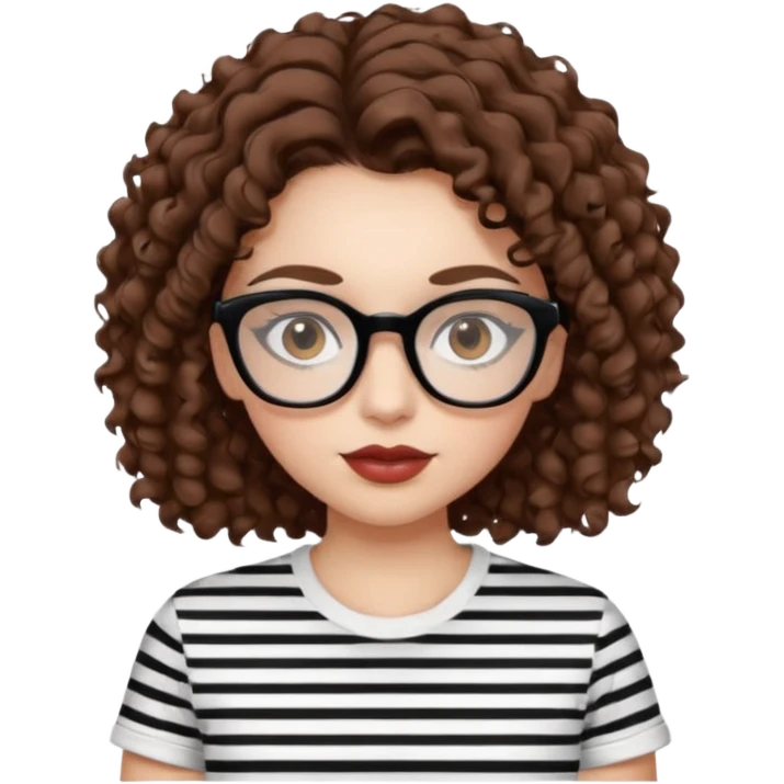 I want to describe me. I am a girl with brown hair amd curly hair. I have brown eyes and black glasses and long lashes with mascara. My lips are medium and my nose as well. I wear a white T-shirt  with black stripes. I am white skin with long curly hair emoji