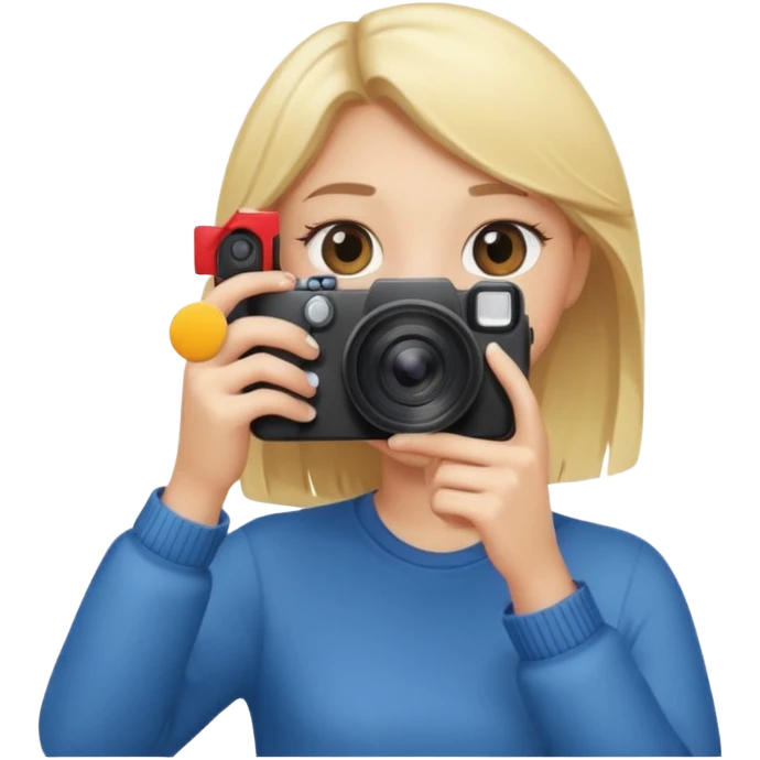 blonde girl photographer cartoon taking picture in middle of taking picture camera in front of face emoji