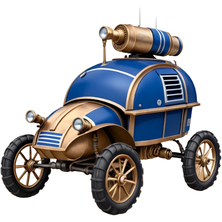 Old American West tarnished R2D2 bounty hunter 1854 delicately ornate rosegold accents painted dune buggy buckboard wagon powered by electric motors and batteries with safety features and belts flying rapidly across rough dusty terrain stable on strong agile steampunk suspension and steering  emoji
