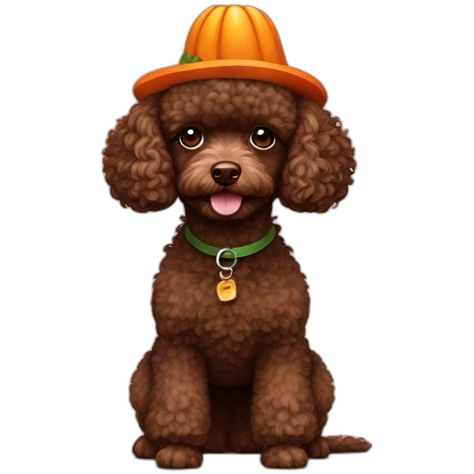 Dark brown toy poodle in pumpkin hat emoji