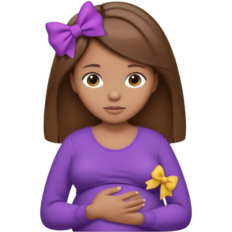 Brown Hair, straight, light brown skin, purple shirt, pregant, head, neck and abdomen only, purble bow in hair emoji