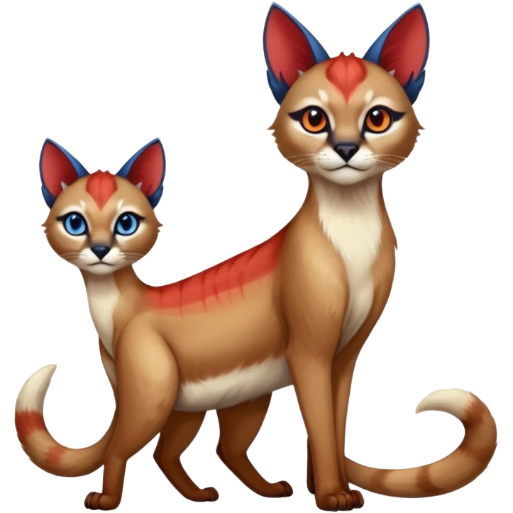 White and blue and red Asian painted anime-styled big-eyed shiny glorious divine marked exotic cool beautiful realistic caracal-civet-sergal-oncilla-animal-Fakémon-hybrid-fursona (full body) emoji