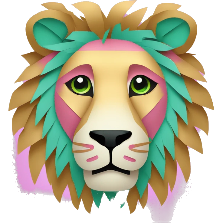 lion made of colourful cyan pink gold piñata paper strips with green eyes emoji