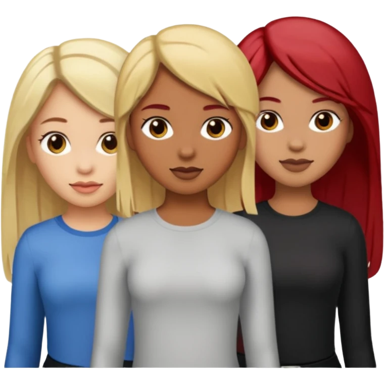 3 girls. 1 light skin with blonde hair 1 brown skin with black hair and 1 tan skin with brownish/red hair emoji