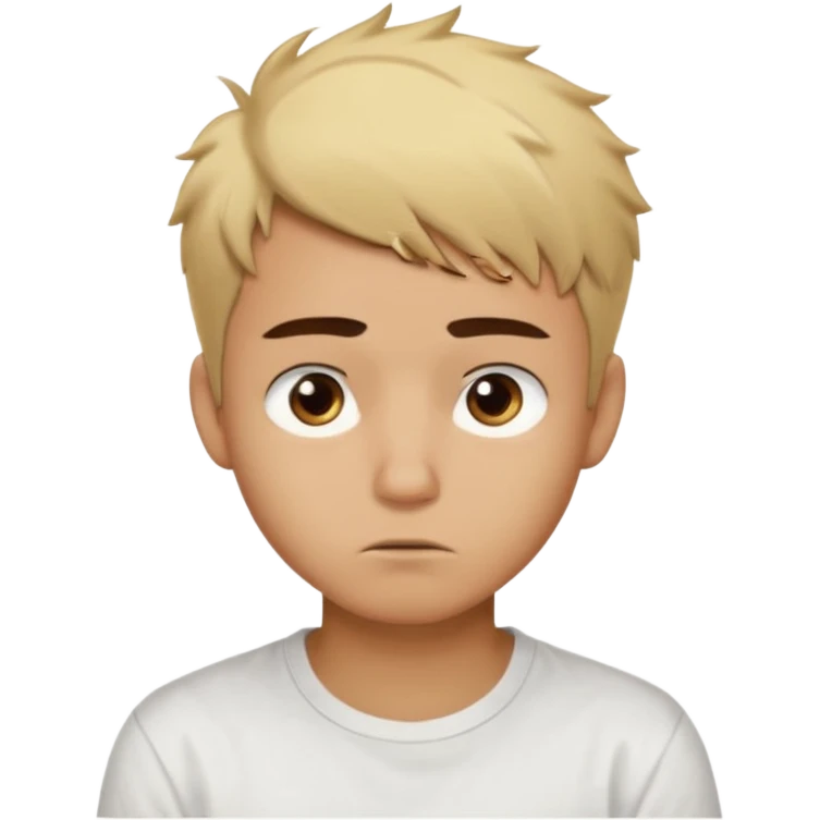 caramel skin color. Teen age. Short buzz, messy blonde hair, dark brown bushy eyebrows large expressive golden-brown eyes, brown skin color, scar over nose, wearing a plain white t-shirt. 20 year old male. thinking facial expression. caramel skin color.  emoji