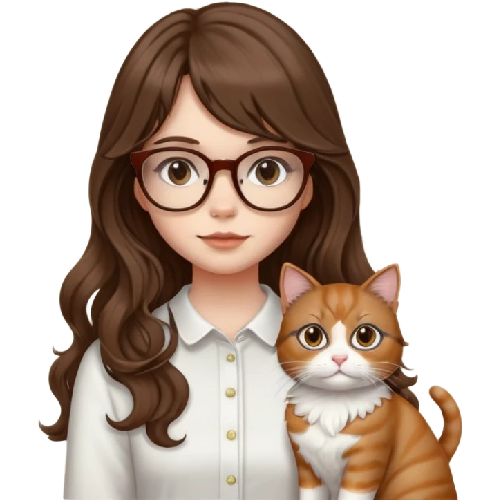 White skin Girl with brown long wavy hair with curtain bangs and brown glasses with a white cat emoji