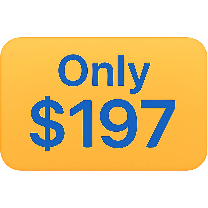 icon with text 'Only $197', color icon style, rectangular label, colorful, simple, attention-grabbing emoji
