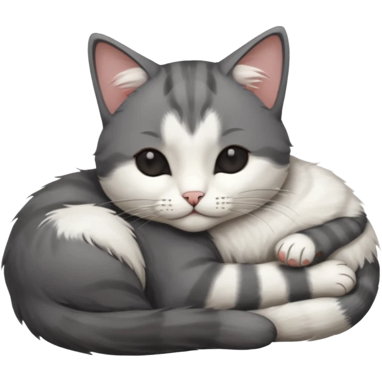 dark grey and white small cat with his eyes closed leaning his head on his paw while leaning on his elbow lying down emoji