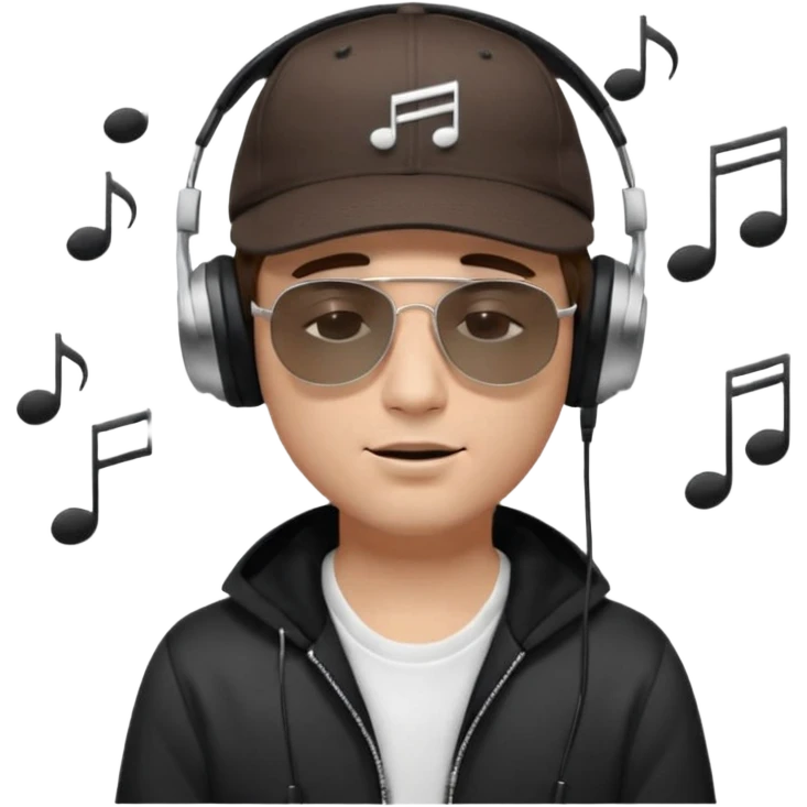 dj man white with baseball cap - rayban Sun Glasses 80s - brown hair - closed eyes with headphones on with musical note over head (listening to music ) - eyes closed no glasses - black hat  musical notes floating around head -  emoji