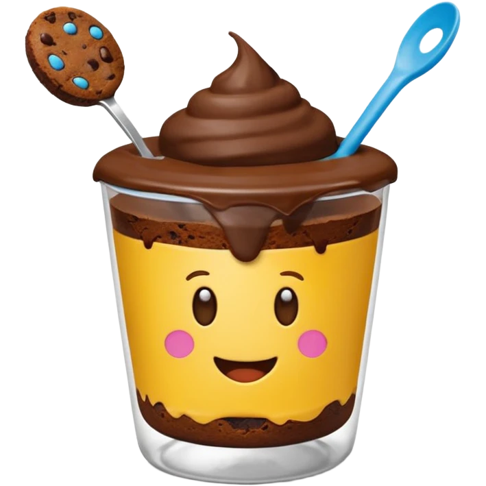 Emoji fofo e minimalista de um brownie no pote, estilo emoji clássico, com camadas visíveis de brownie e recheio cremoso, dentro de um copo bolha transparente com tampa arredondada. Deve parecer apetitoso, colorido e simples como um emoji. emoji