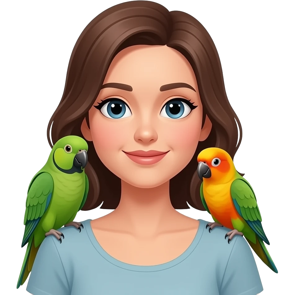green indian ring neck parrot on a brown haired womans shoulder with a sun conure parrot with all green wings on her other shoulder emoji