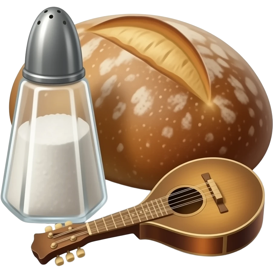a bottle of salt (salt shaker) and a loaf of peasant bread with a small mandolin - still life composition vintage emoji