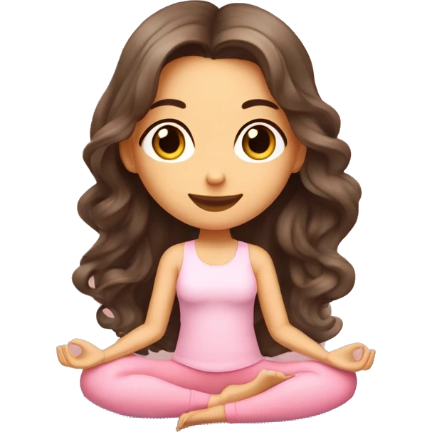 Brunette long curled hair and hazel eyes yoga beautiful girl in light pink clothes sitting on a yoga mat emoji
