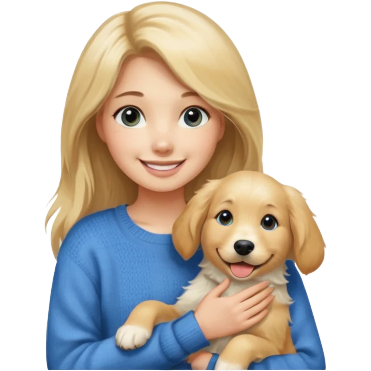 20-year-old dirty blonde woman with long hair and dark blue eyes, petting an English cream golden retriever, cheerful atmosphere emoji