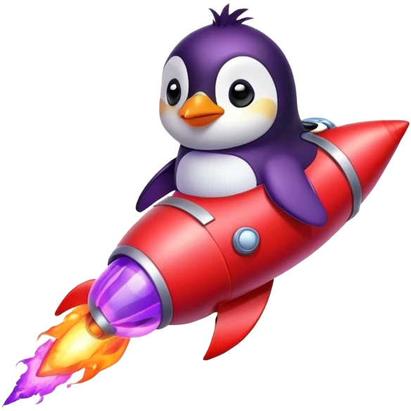 penguin in red rocket with purple fire emoji