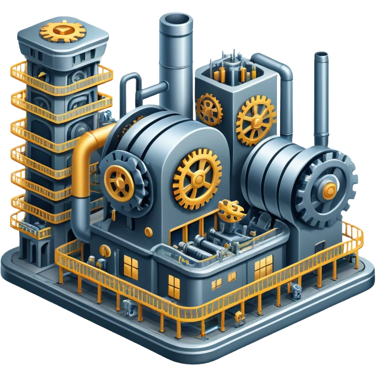 An icon featuring a giant factory with industrial machines and assembly lines, symbolizing mechanical engineering. The design includes gears, robotic arms, and blueprints, representing the creation of machinery and complex systems. Transparent background highlights innovation in manufacturing emoji