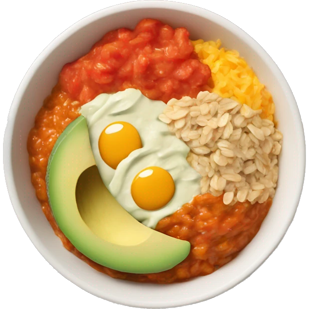 a bowl with orange rice and as topping tomate sauce, avocado creme, grinned cheese, oats, red and green sliced paprika emoji