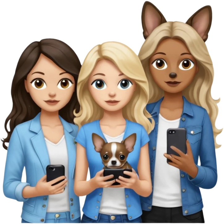 Three women in summer clothes holding iPhones, hazel eyed light skin with dark blonde long hair with black and tan chihuahua and Brown eyed,light skin,black long wavy hair and blue eyed light skin long blonde hair with blue spotted Merle Frenchie emoji