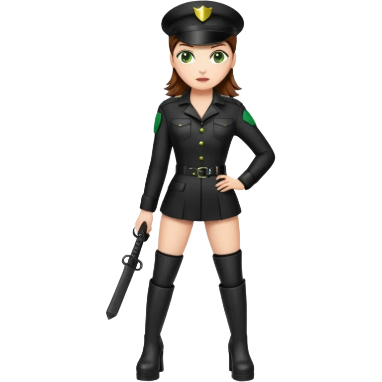 Create Dominatrix in total black uniform ,green eyes,brown hair and platform boots emoji