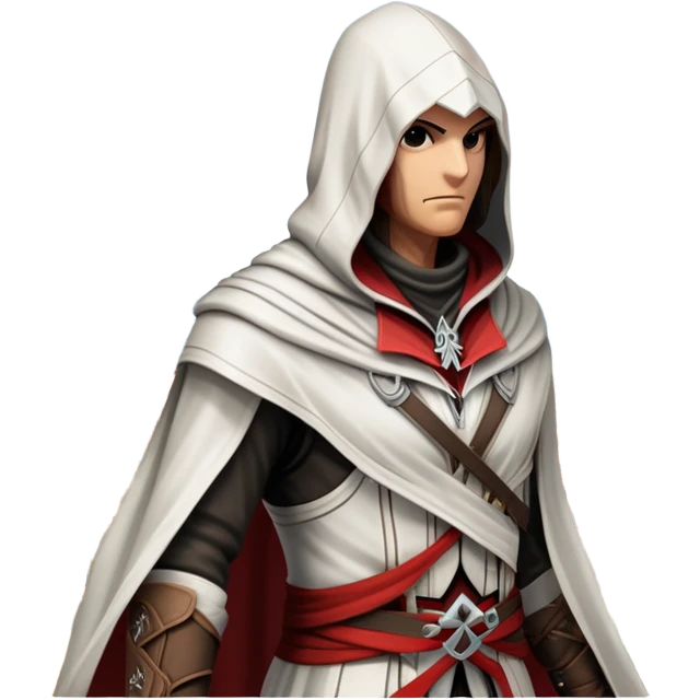 icon featuring Assasin's Creed in an iconic assassin's hood, standing tall against the backdrop of Florence. The design captures the essence of adventure, with intricate details of historical architecture and a sense of mystery. The character is poised, ready for action. transparent background. emoji