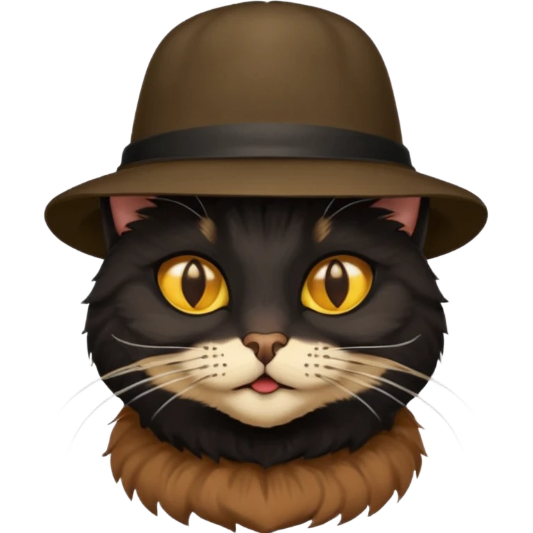 mostly black cat with some brown on face, gold eyes, british hat emoji