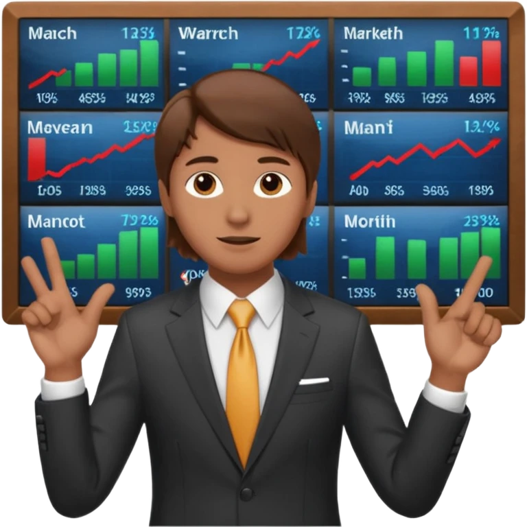 mach mir einen trader an der börse der tradet der so mit einer hand hinter sich deutet um anzug. Aber nur mit einer hand so leicht nach hinten oben und mit braunen haaren emoji