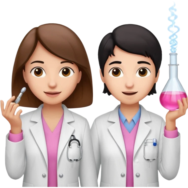cientificas con blusa rosa y bata blanca felices, una chica con pelo marrón y otra chica con pelo negro emoji