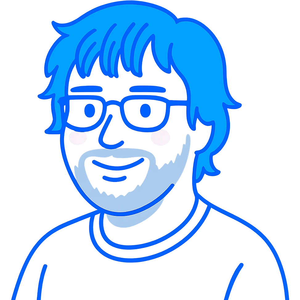 A man with glasses, stylishly messy longer hair with cool well-defined bangs, a naturally round face shape, and a broader nose. Use bright blue colors for the main outlines and details, subtle pink highlights only on the cheeks, and gray only for the short beard and shadow details where necessary. emoji