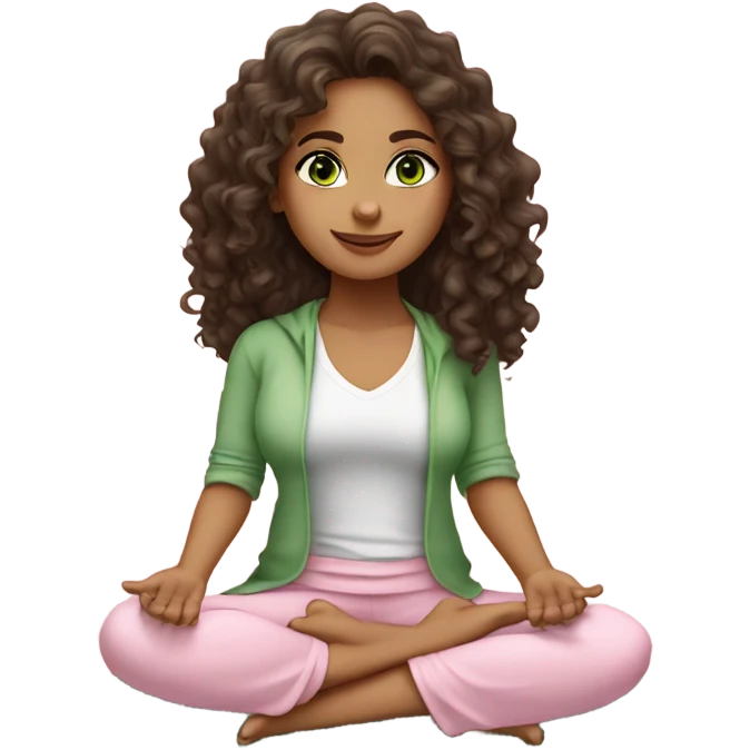 Dark brown long curly hair and green eyes yoga beautiful girl in light pink pink pink clothes sitting on a yoga mat emoji