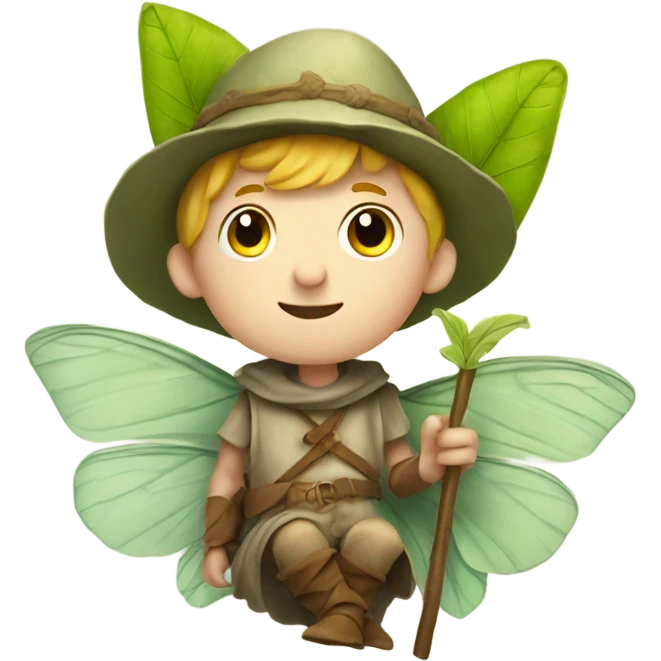 Medieval little whimsical boy who is pale and he has a leaf hat and is riding a butterfly emoji