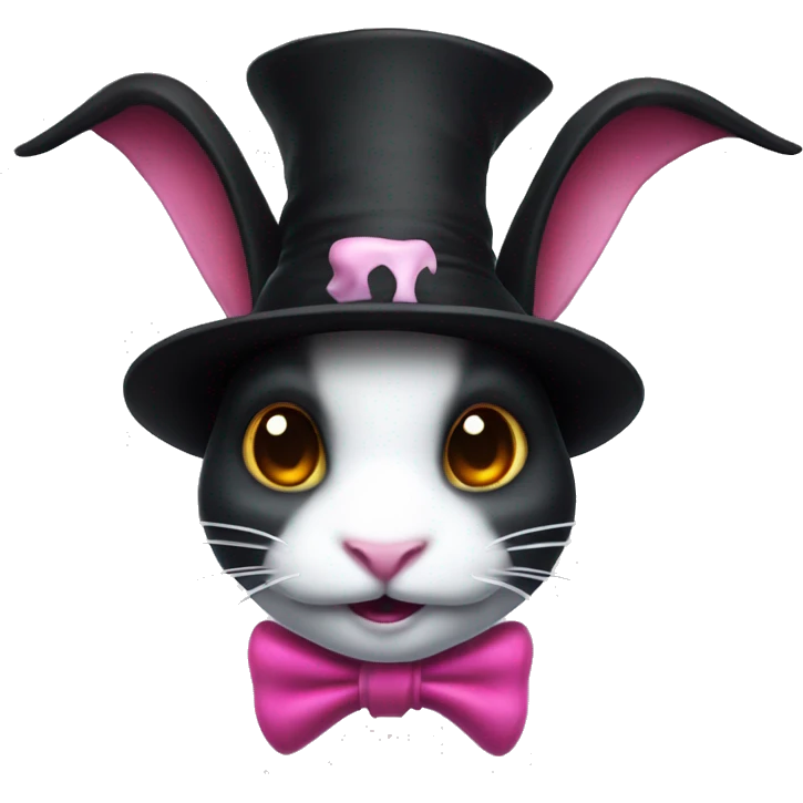 white rabbit with a black devil's tail, wearing a black jester's hat that features a pink skull clip at the center of her forehead emoji