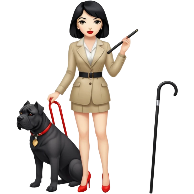 fashionable woman with red lips and black hair next to a Cane Corso dog emoji