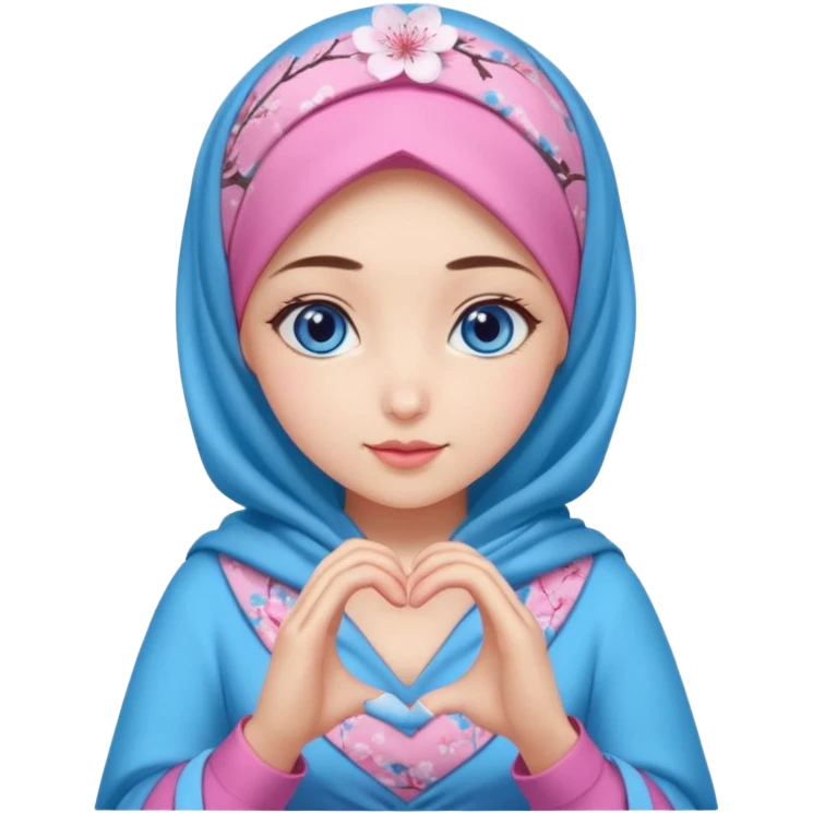Turkish beautiful finish Konya girl blue eyes with mini cherry blossom hijab and lila blue pink dress and she make heart with hands emoji