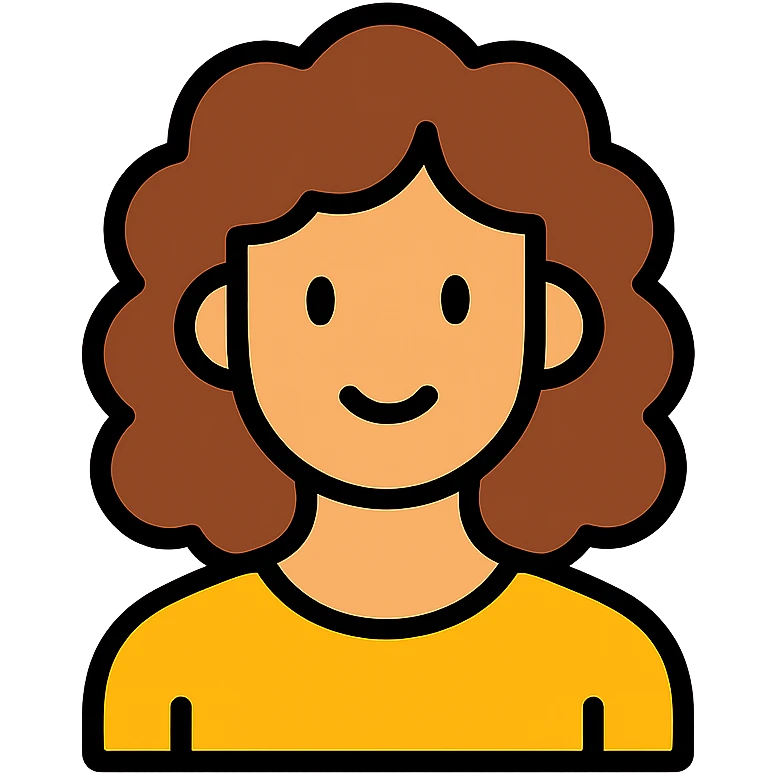 curly haired woman with shoulder length brown hair, flat vector style, clean lines, minimal shading emoji