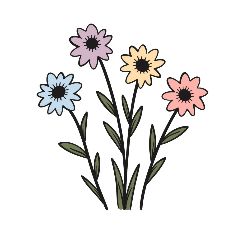 Simple bouquet of spring flowers with different blooms including small daffodils and daisies. Hand-drawn doodle style using pastel colors (pink, light blue, lavender, peach). Cheerful floral arrangement with leaves and stems. Delicate spring bloom design. emoji