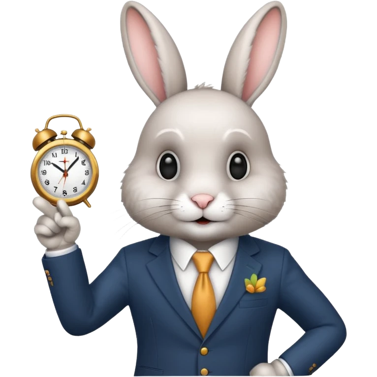 A rabbitwearing a suitand holding a clockand pointing at the clock emoji
