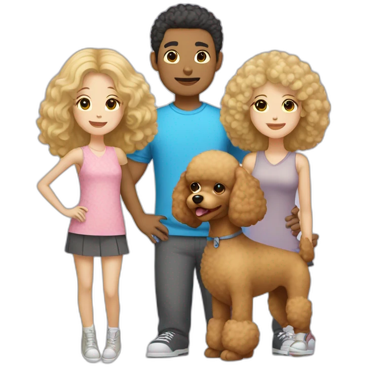 Family consisting of Asian man white blonde girl and fluffy brown toy poodle emoji