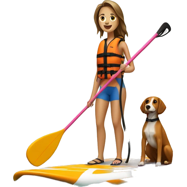 stand up paddle board with girl and dog in life jackets  emoji