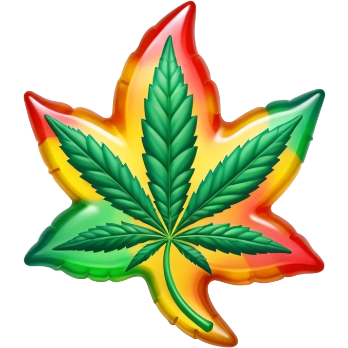 colorful shiny gusher gummy shaped like a cannabis leaf with a bite mark showing the liquid center emoji