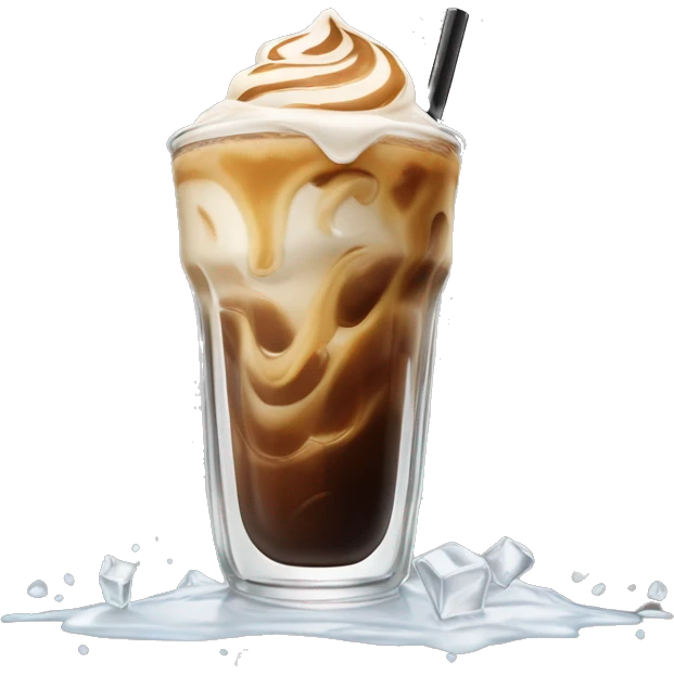iced coffee drink with creamer in a clear glass with a swirl of creamer mixing in with ice cubes floating all through the drink  emoji