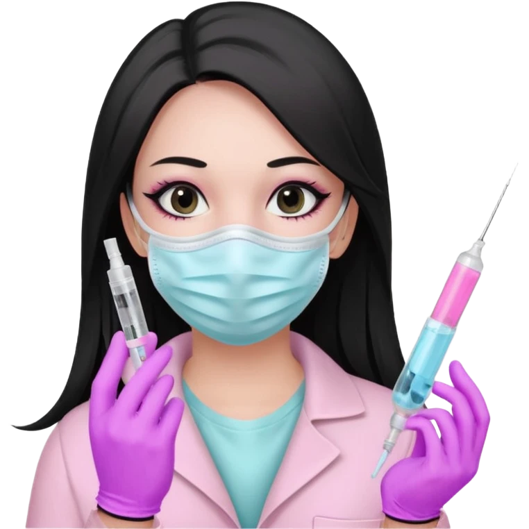 laboratorista con guantes rosa pastel y mascarilla rosa pastel jeringa tubo laboratorio sin lentes pelo lacio negro y largo ojos negro cabello largo emoji