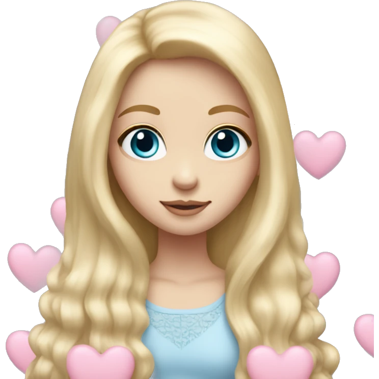 white girl blue eyes very long blond hair holding a pastel pink heart. Full shoulder view emoji