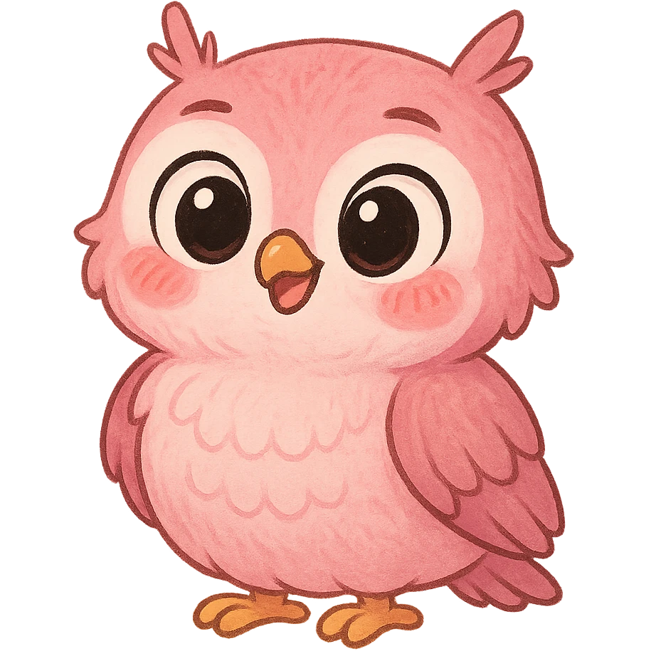 a cute pink owl, original design, big eyes, blushing cheeks, joyful emoji