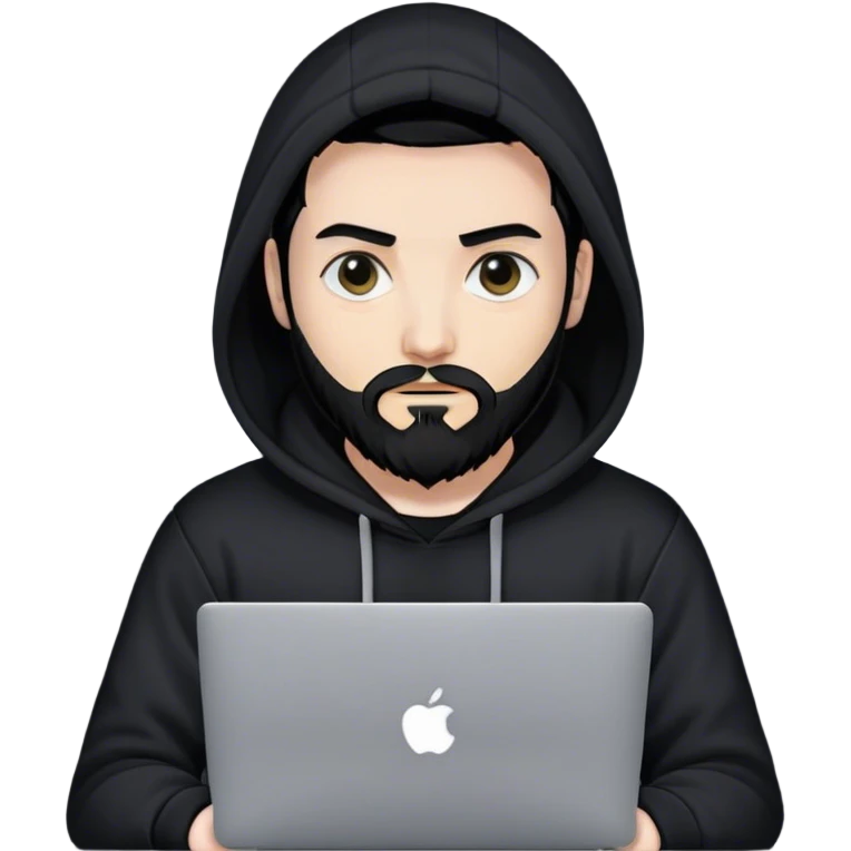 hackeur blanc cheveux noir barbe et capuche noir avec un macbook emoji