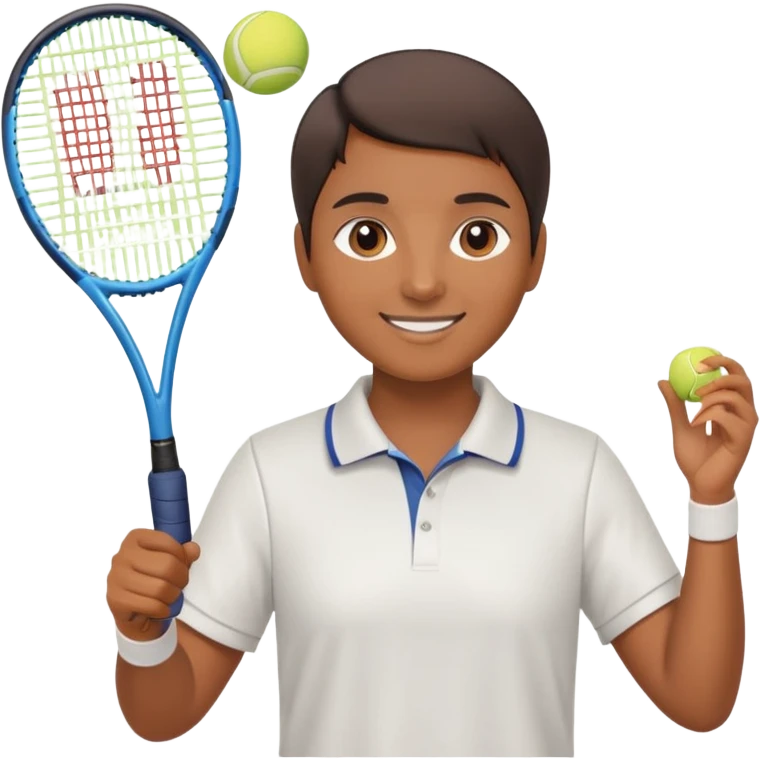 Chindian tennis coach, caramel brown skin, short straight hair, oval face, small eyes, smiling, holding a tennis racket emoji