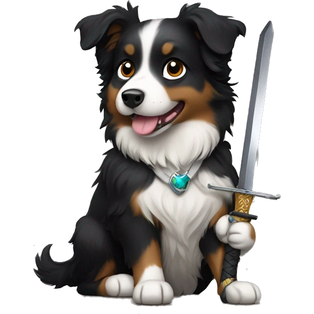 Small black australian shepherd dog with a sword emoji