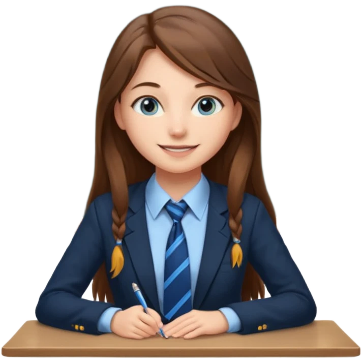 high school class room with a pretty female high school student with long brown hair, blue eyes, wearing a tie, sitting in front of the blackboard emoji