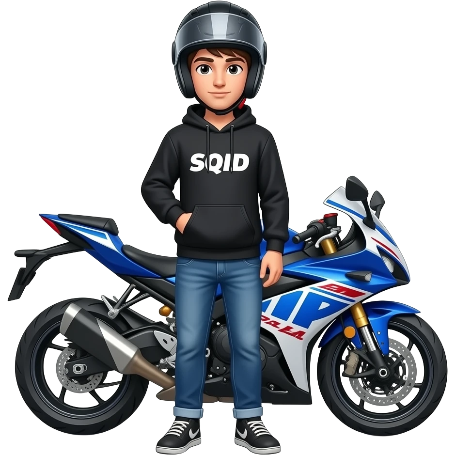 young man with blue jeans and a black hoodie with SQID wearing a black motorcycle helmet standing behind a blue white motorcycle emoji